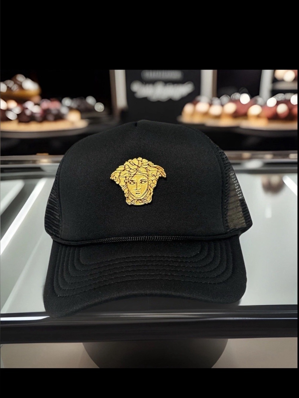 Black Trucker Cap with Gold Medusa Emblem - Men Grooming Accessory new